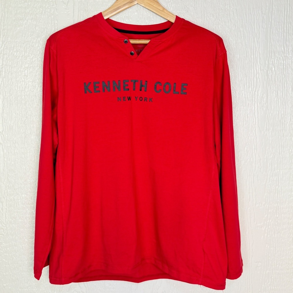 Kenneth Cole New York Mens Henley Shirt Red Long Sleeve Logo Cotton XL